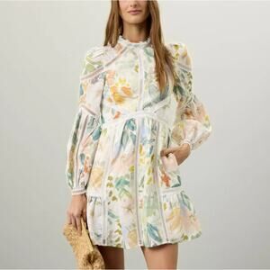 Ted Baker White Floral Mini Dress LARGE Fit Flare Linen Tier Ruffle Cottage $445